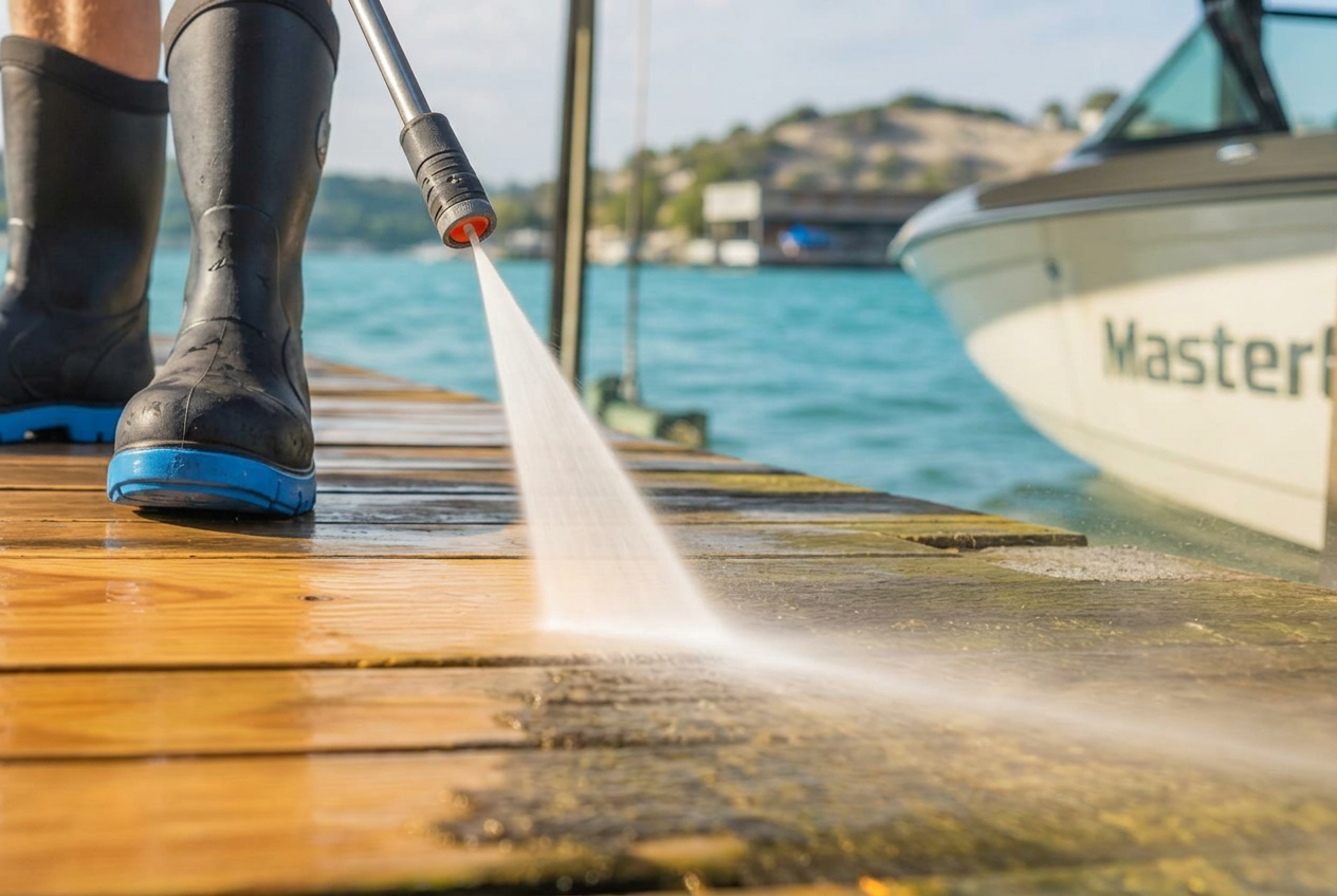 Close-up of dock wood being refinished with rich amber stain